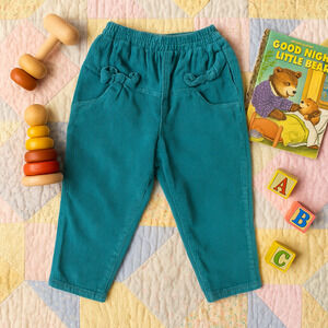Vintage 1990s Girls Teal Corduroy Pants | Bow Accent, Elastic Waist |  Size 2T